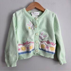Bonnie Jean Green Cardigan Sweater with Bunnies Easter Spring